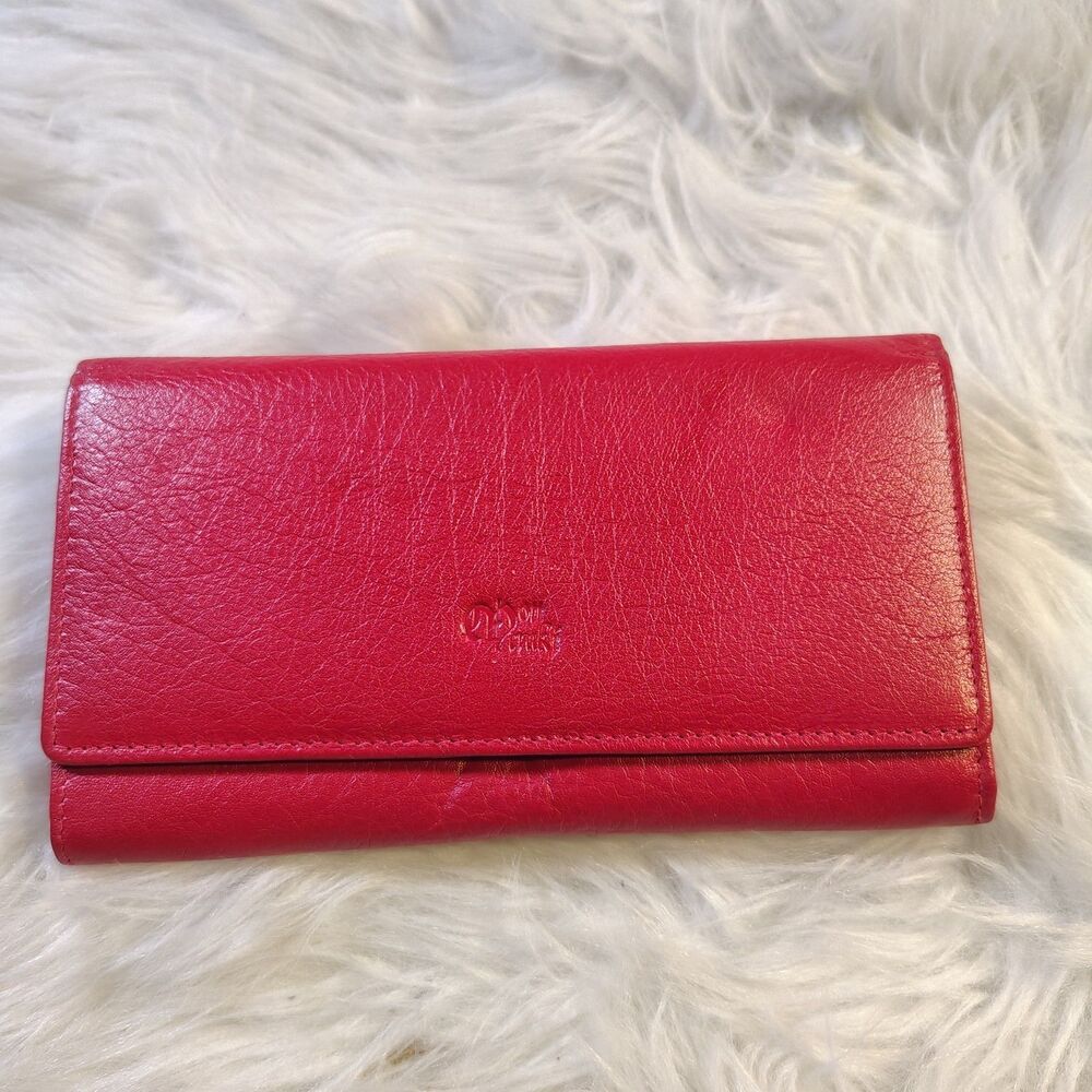 Women's Top Grain Red Leather Wallet, RFID 17 Card Slots